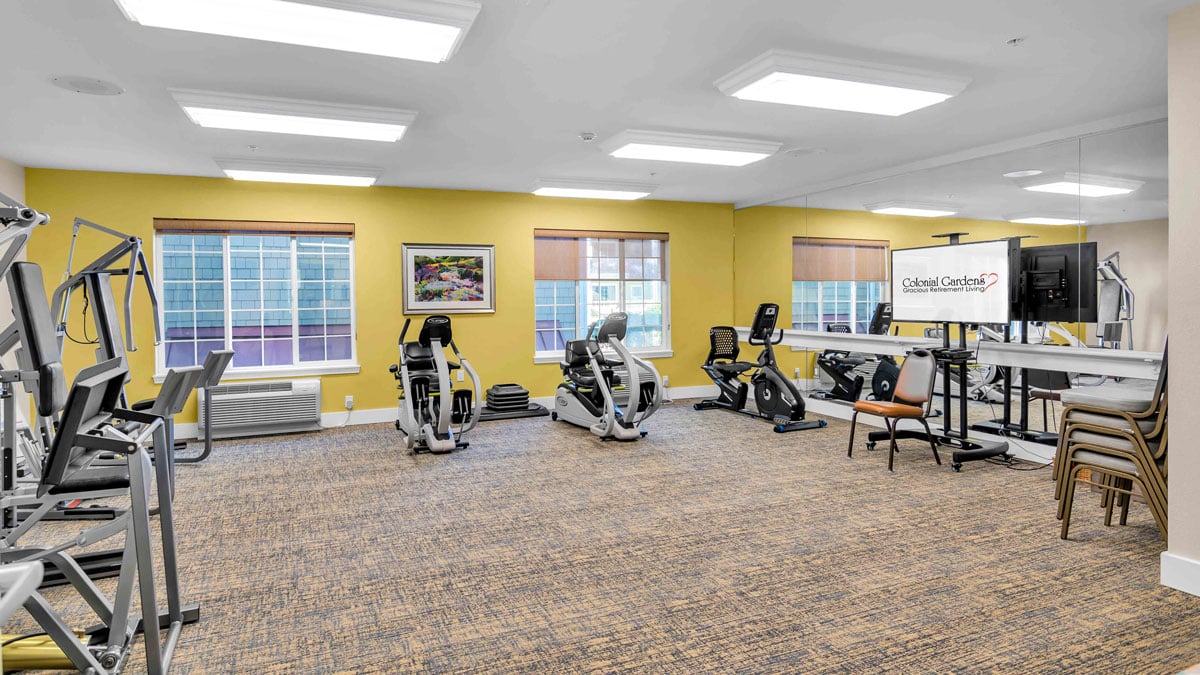 The fitness center at Colonial Gardens